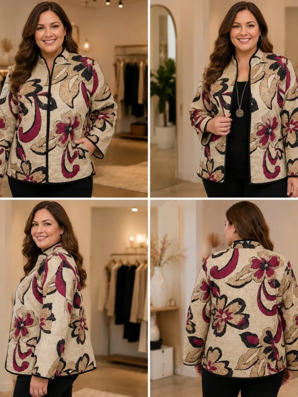Alfred Dunner Floral Quilted Jacket Beige Red Black Size L/XL